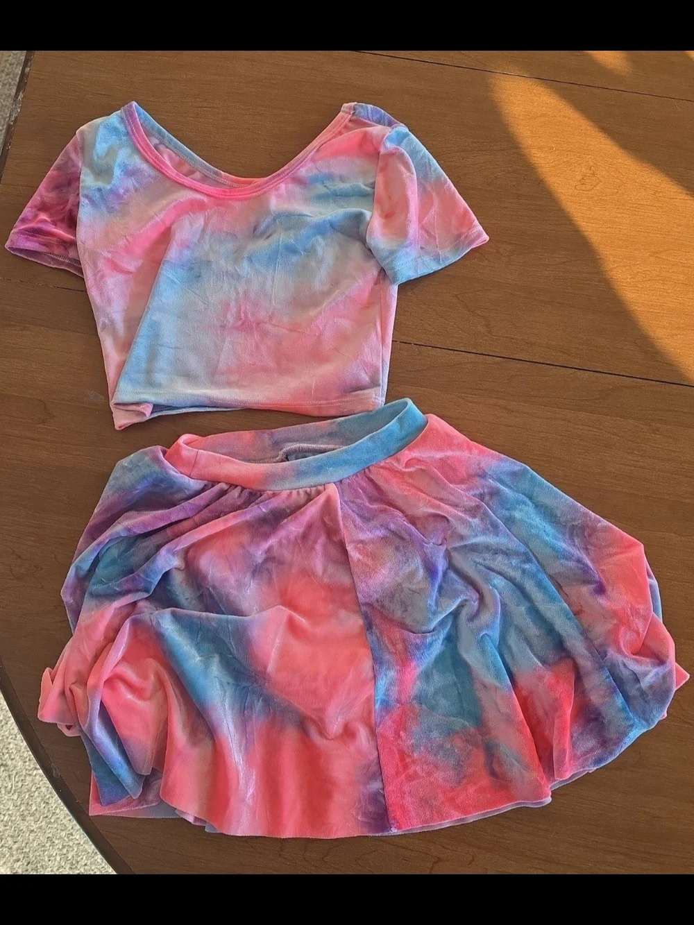 WRK Pink & Blue Velevet Tie-Dye Matching Crop Top and Skirt Set